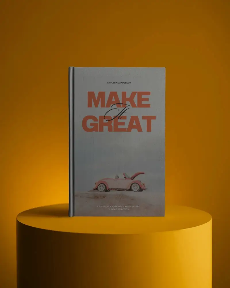 Hardcover Book Mockup Standing On Round Golden Yellow Podium In Minimal Studio Scene