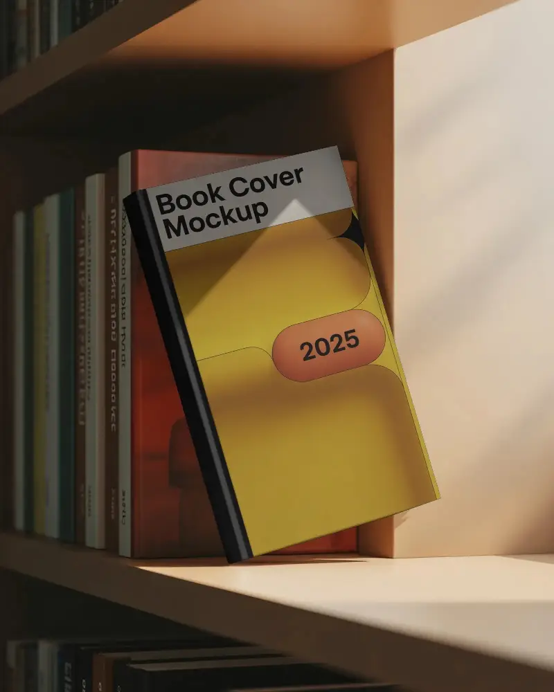 Realistic Floating Hardcover Book Mockup In Library Setting For Creative Book Cover Display