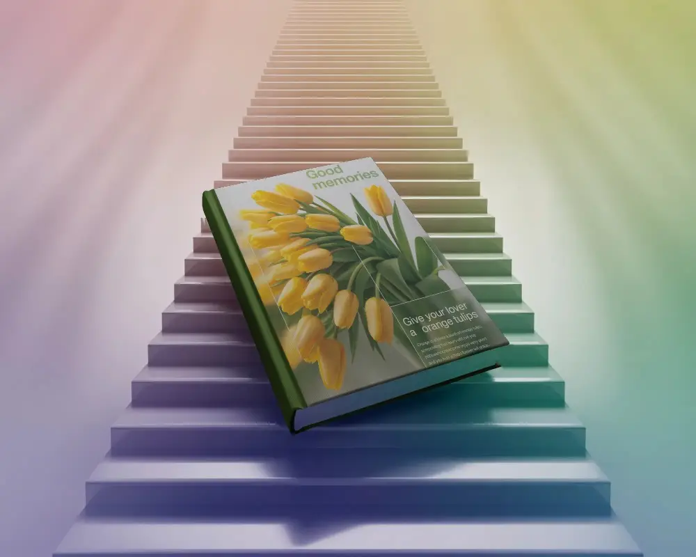 Hardcover Book Mockup On Stairs Background For Easy Customizable Cover Presentation