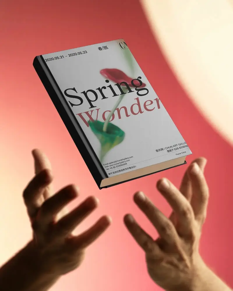 Floating Hardcover Book Mockup Above Open Hands With Soft Gradient Background For Design