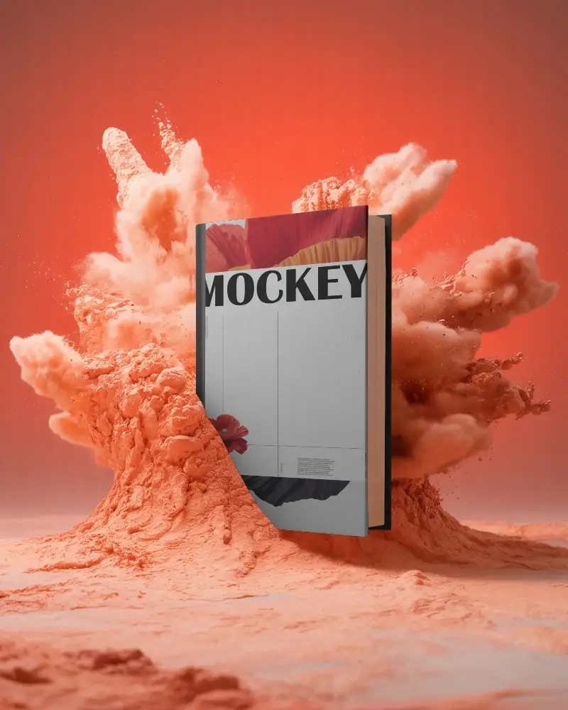 Hardcover Book Mockup Floating Above Exploding Powder Background For Design Display