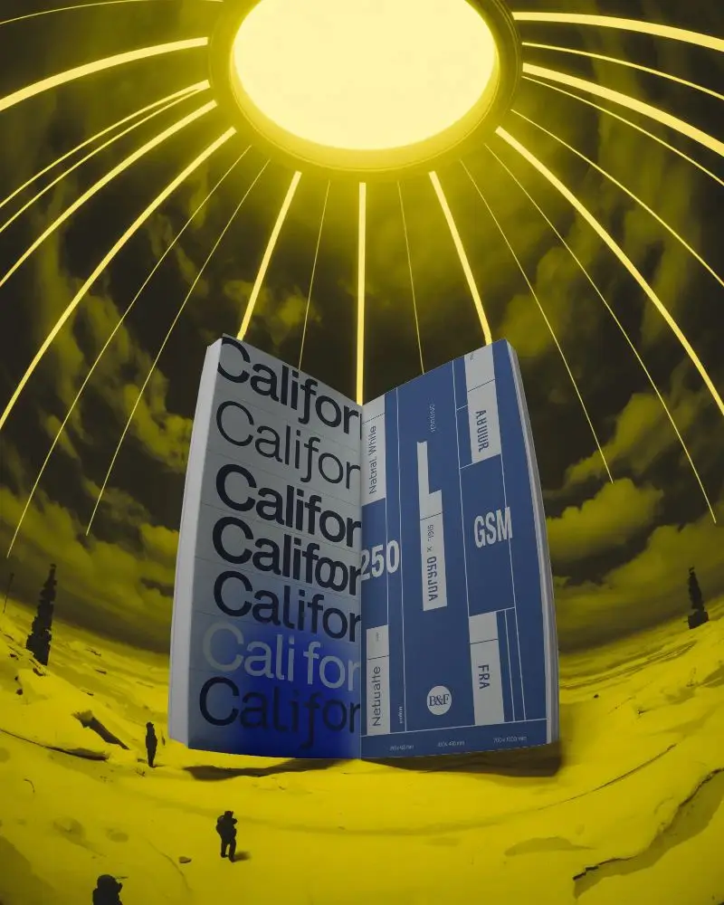 Futuristic Open Book Mockup With Surreal Desert Background And Sunray Light Effect