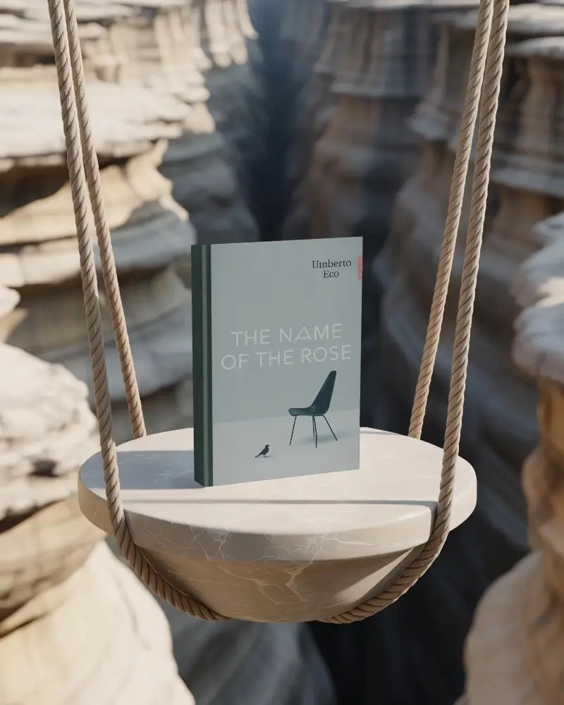 Premium Hardcover Book Mockup On Rounded Swing With Rocky Canyon Background