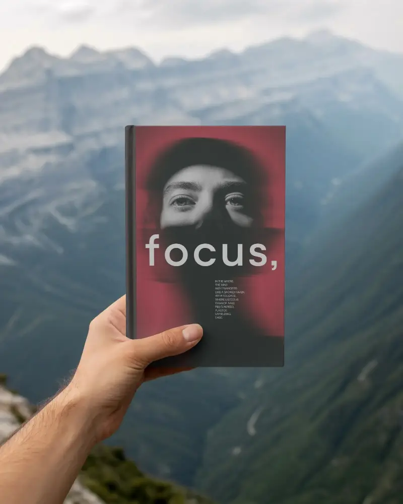 Hardcover Book Mockup Held Outdoors With Mountain Landscape Perfect For Cover Display