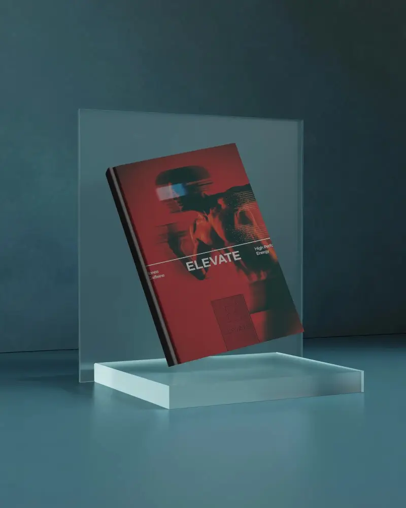 Modern Hardcover Book Mockup Floating Above Glass Rectangle For Design Presentation