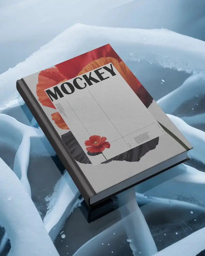 Hardcover Book Mockup On Frosted Ice Surface For Minimalist Ebook Or Print Design Showcase