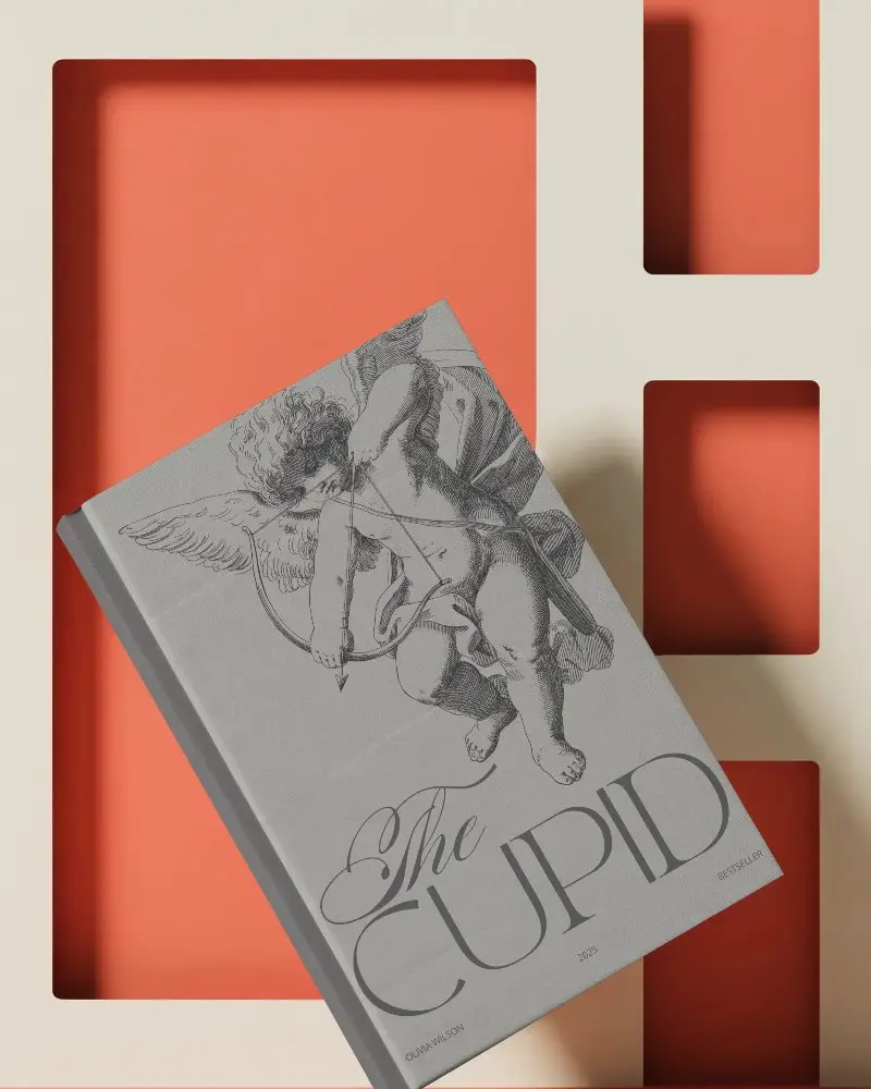 Realistic Floating Hardcover Book Mockup With Geometric Cutout Shapes Background