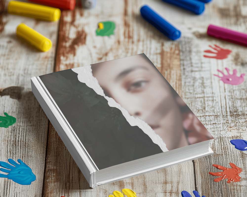 Colorful Desk Book Mockup Playful Background With Vibrant Handprints