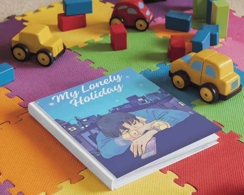 Hardcover Book Mockup On Colorful Kids Playmat With Toy Cars And Blocks Playful And Child Friendly Setting 0151