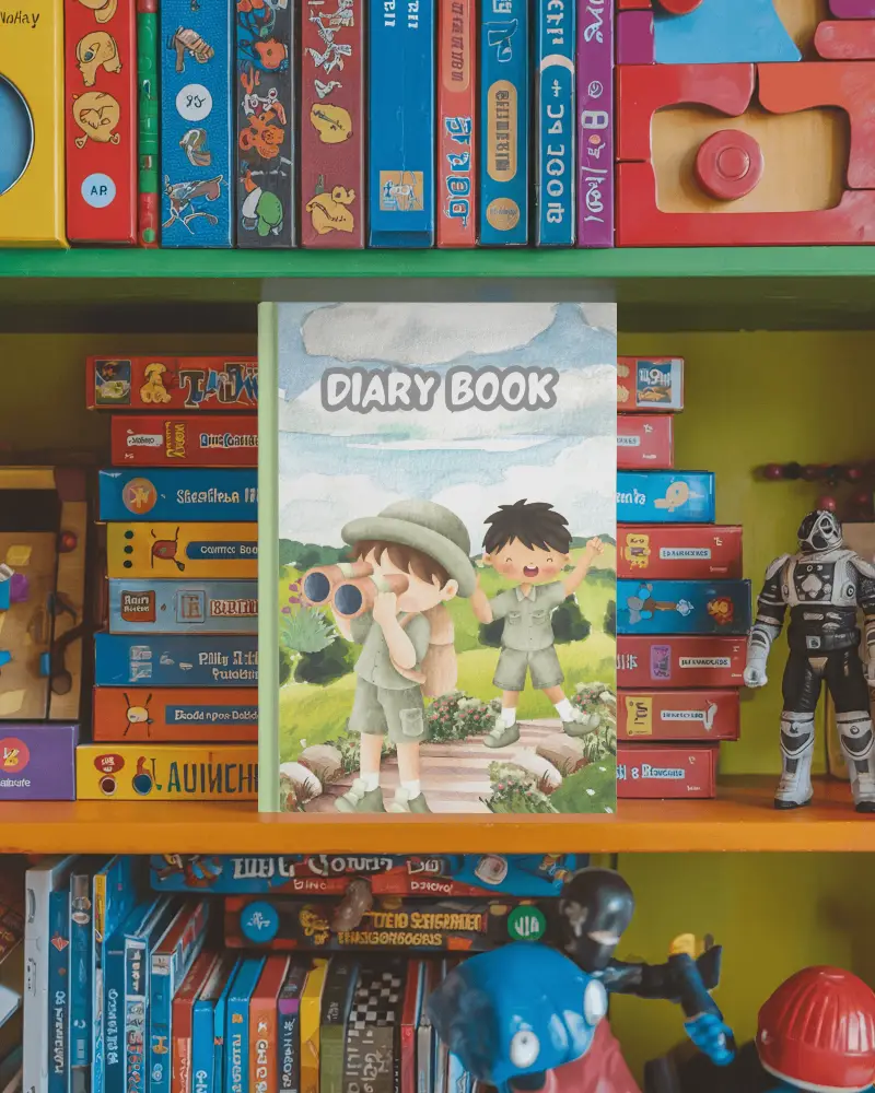 Hardcover Book Mockup On Colorful Toy Shelf Surrounded By Board Games And Action Figures Playful And Vibrant Kid Friendly Setting 0155