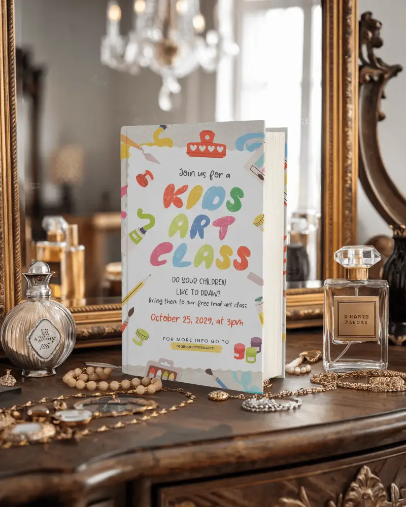 Hardcover Book Mockup On Vintage Vanity Table With Luxury Perfume Jewelry And Ornate Mirror Elegant And Classic Boudoir Setting 0164