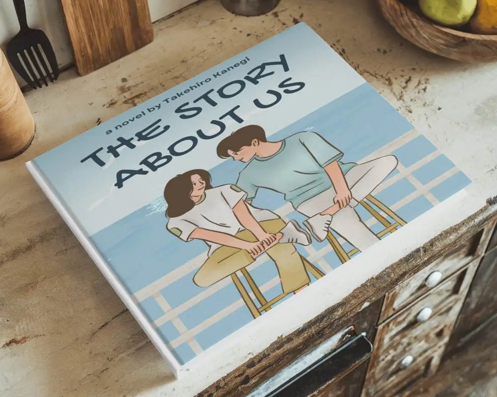 Landscape Hardcover Book Mockup On Rustic Kitchen Counter With Wooden Utensils And Fruit Basket Warm And Vintage Homely Ambience 0158