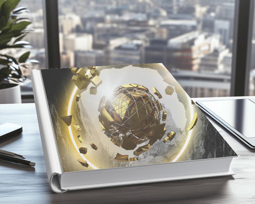 Modern Office Book Mockup With Cityscape Background And Sleek Setup