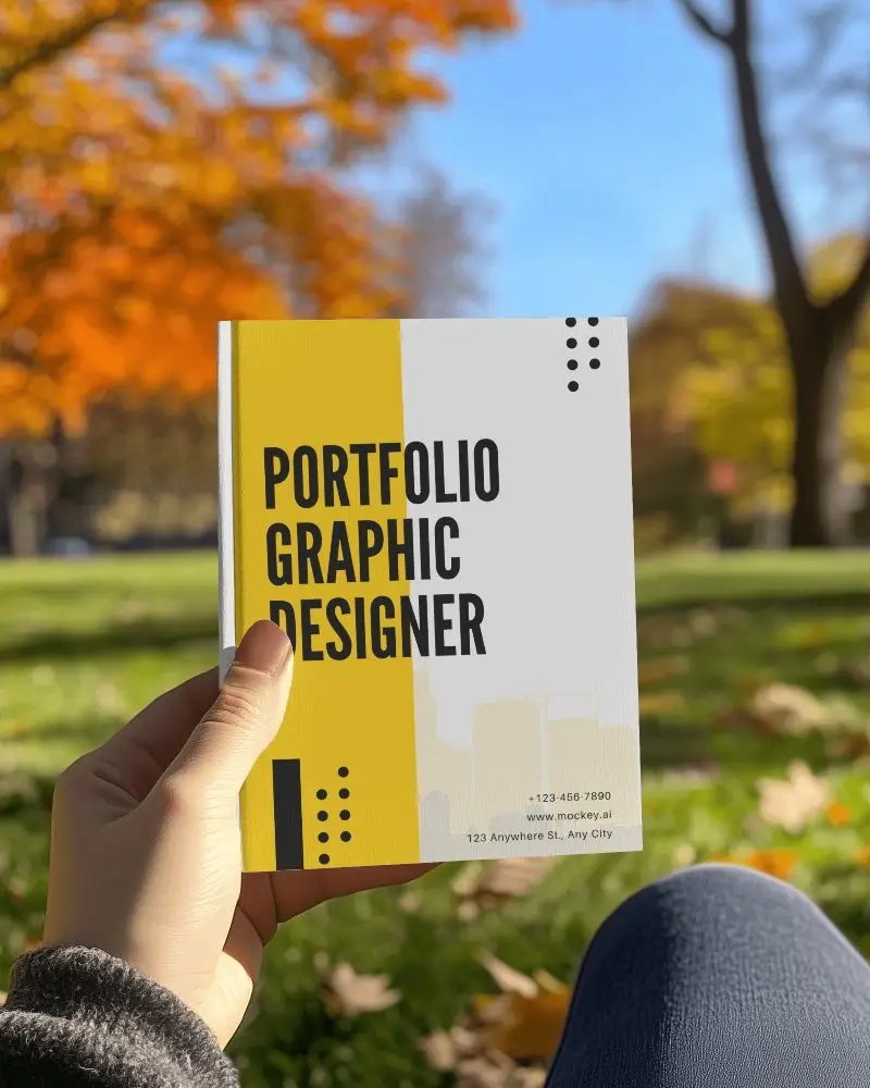 Outdoor Book Mockup Held In Hand With Autumn Leaves And Sunny Sky Vibrant Natural Setting