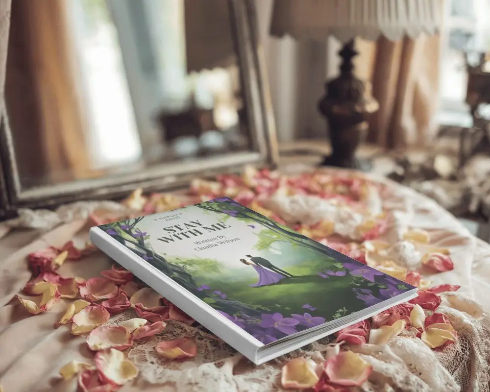 Portrait Softcover Book Mockup On Vintage Vanity Table With Rose Petals Romantic And Elegant Aesthetic 0147
