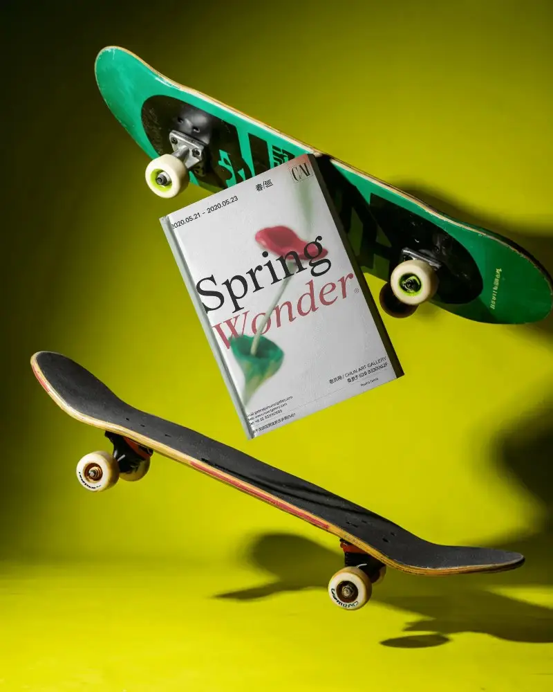 Blank Hardcover Book Skateboards Floating Isolated On Solid Background Creative Template