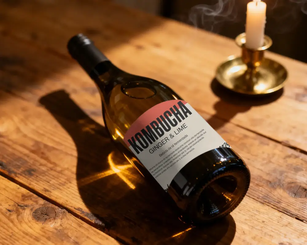 Elegant Wine Bottle Mockup On Rustic Wooden Table With Candlelight Shadow Effect