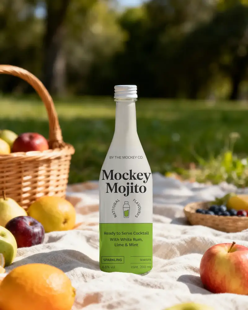 Minimalist Glass Bottle Mockup On Picnic Blank Label Fruits Nature Background