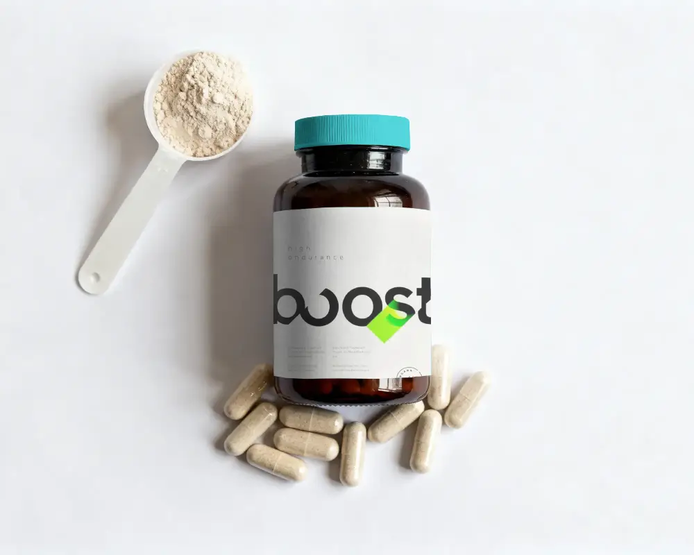 Wellness Vitamin Bottle Mockup By Capsules And Powder Scoop On Clean Background
