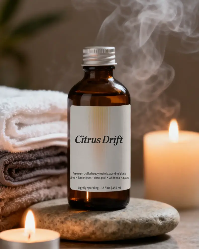 Glass Bottle For Essential Bottel Mockup With Cozy Spa Setting And Folded Towels Background
