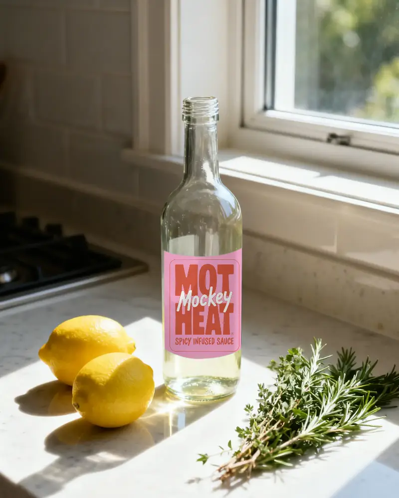Empty Glass Bottle Mockup With White Label Near Lemon Fruits And Herbal Sprigs