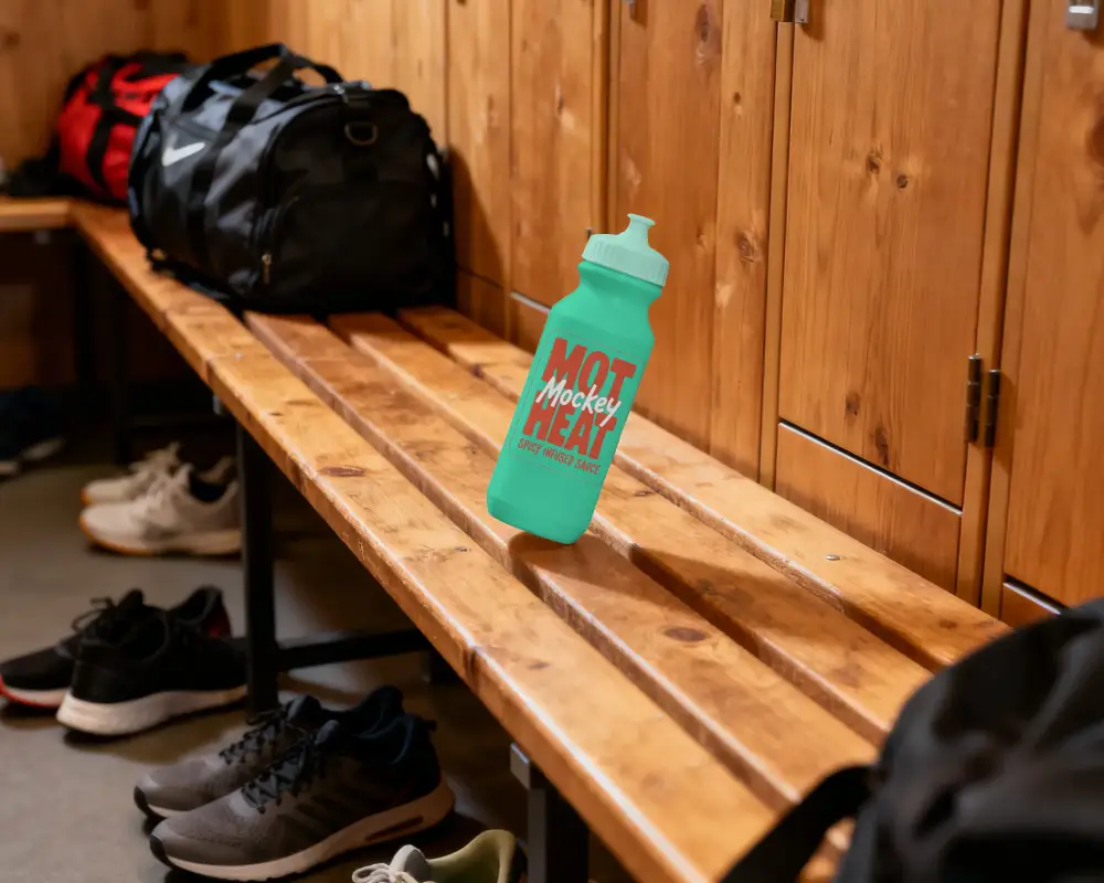 Reusable Sports Water Bottle Mockup On Wooden Bench In Locker Room Setting For Branding