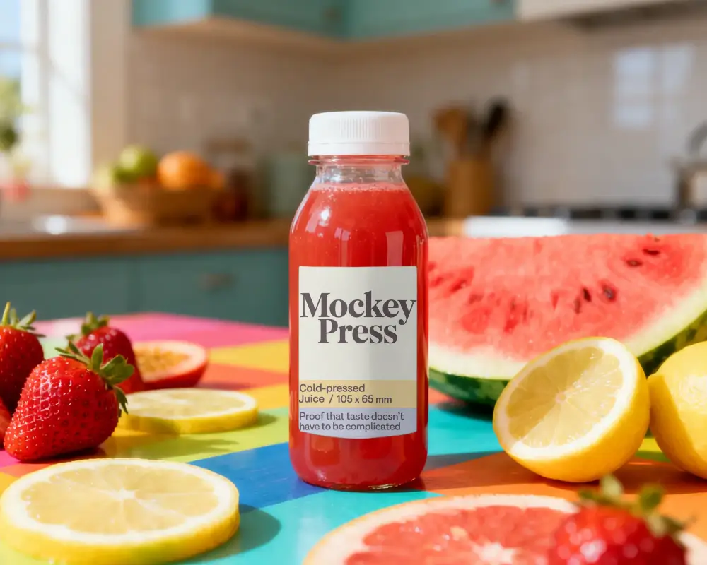 Fruit Juice Bottle Mockup With Fresh Fruit Slices On Vibrant Kitchen Countertop