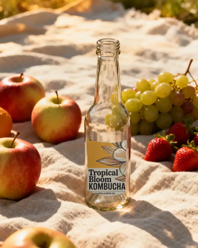 Empty Clear Bottle Mockup On Fabric With Fruits Background For Branding