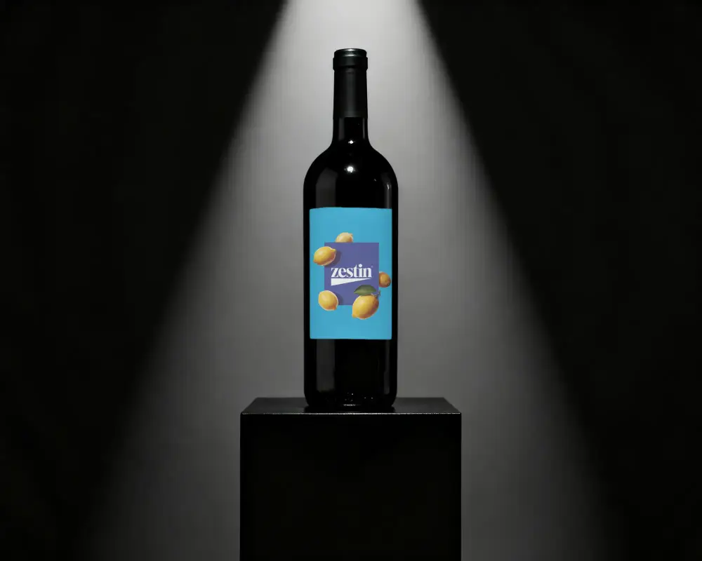 Realistic Wine Bottle Mockup With Blank Label On A Stand With Focus Lighting