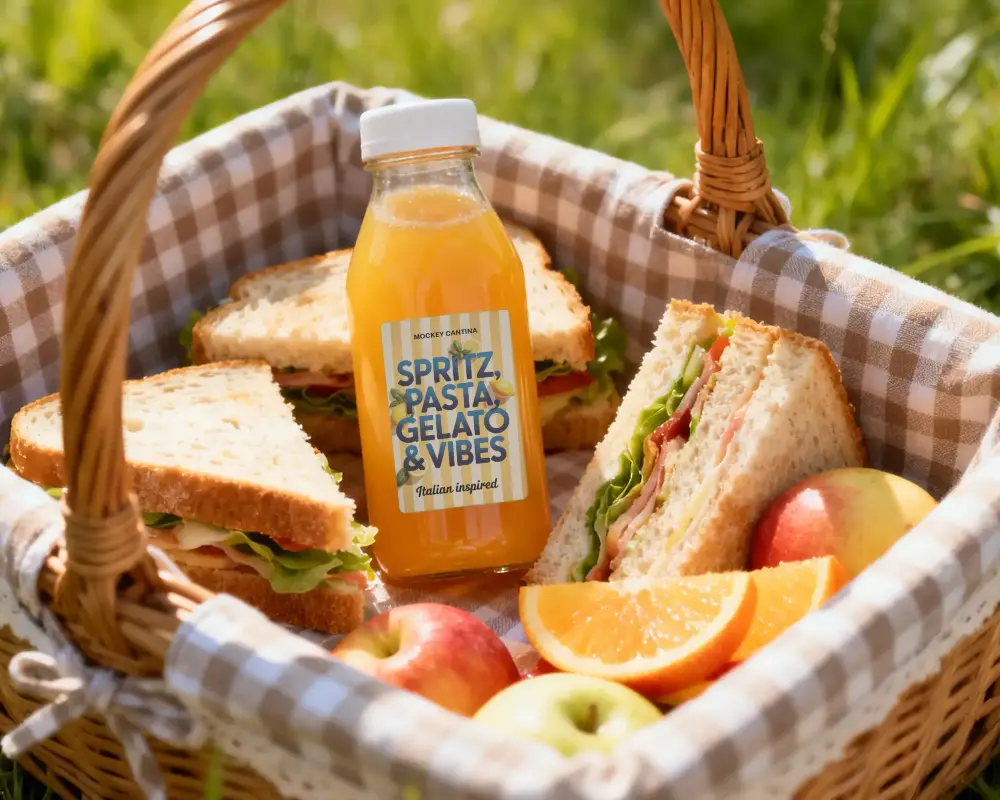 Portable Juice Bottle Mockup Next To Homemade Sandwiches And Fruit In Picnic Basket Setup
