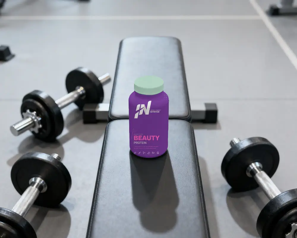 Fitness Supplement Bottle Mockup On Bench With Dumbbells In Modern Gym