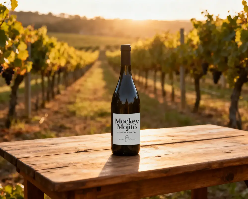 Premium Wine Bottle Mockup On Rustic Wooden Table In Scenic Vineyard Setting