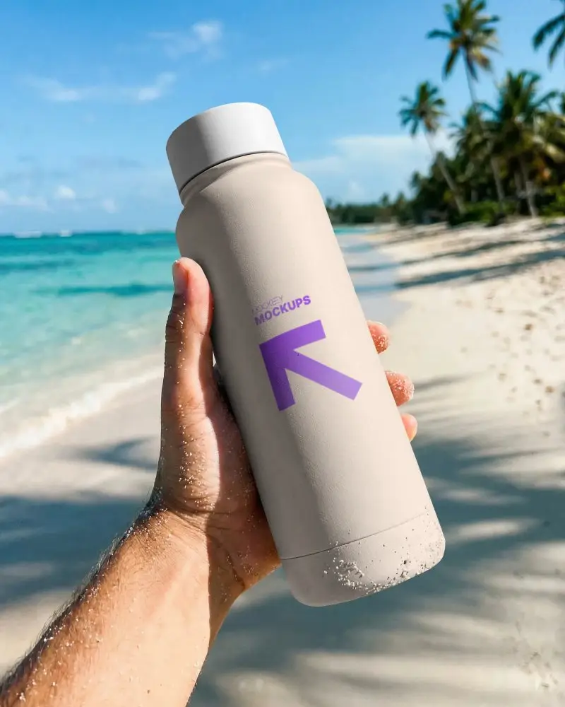Portable Stainless Steel Water Bottle Mockup Ideal For Hydration On The Go Outdoor Beach Use