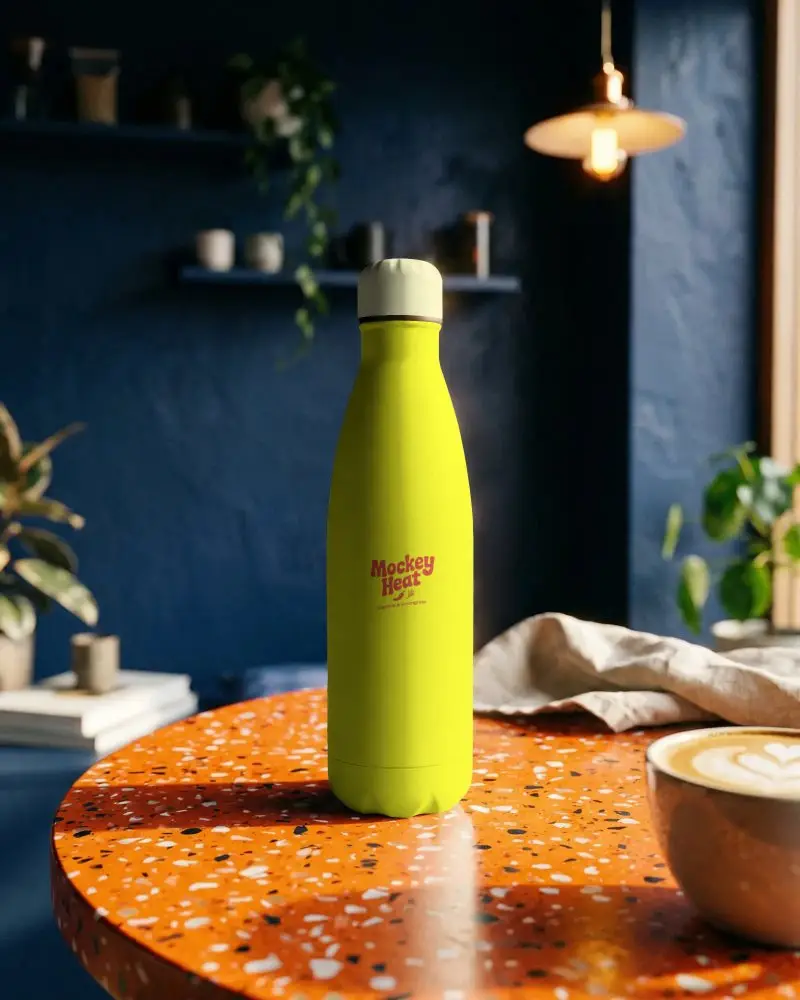 Premium Stainless Steel Bottle Mockup In A Cozy Indoor Environment For Product Display
