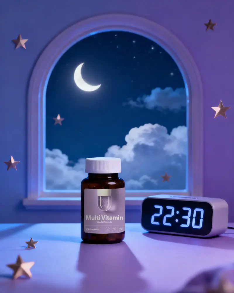 Night Time Supplement Bottle Mockup With Digital Clock And Moonlit Window Background