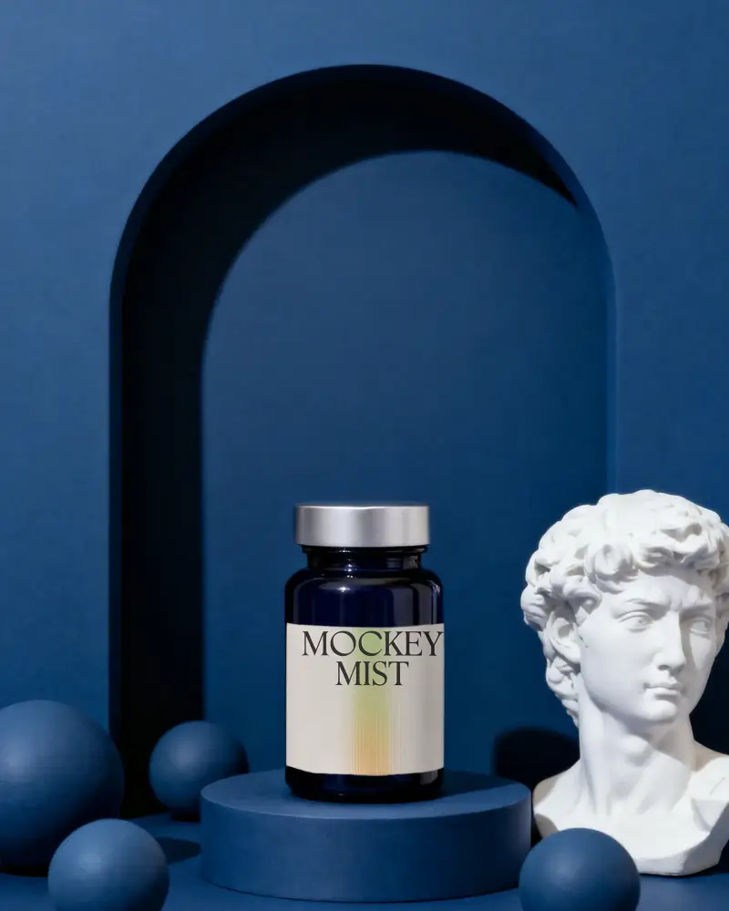 Minimalist Vitamin Container Bottel Mockup Design With Statue And Geometric Background