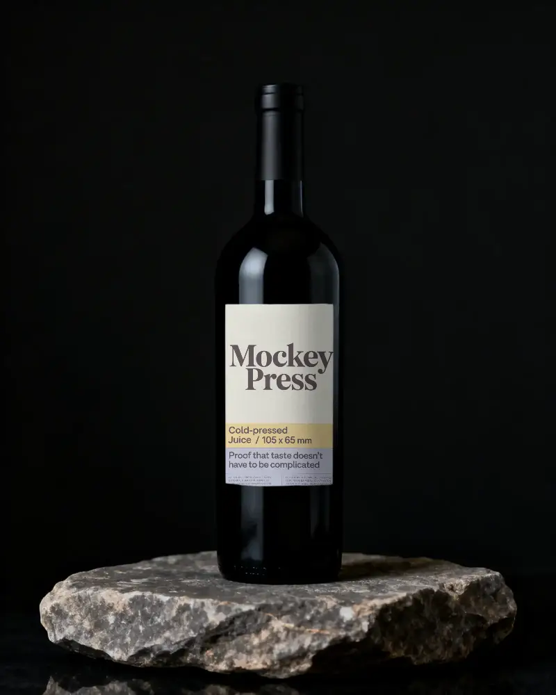 Elegant Wine Bottle Mockup On Natural Stone Base For Premium Label Design Presentation