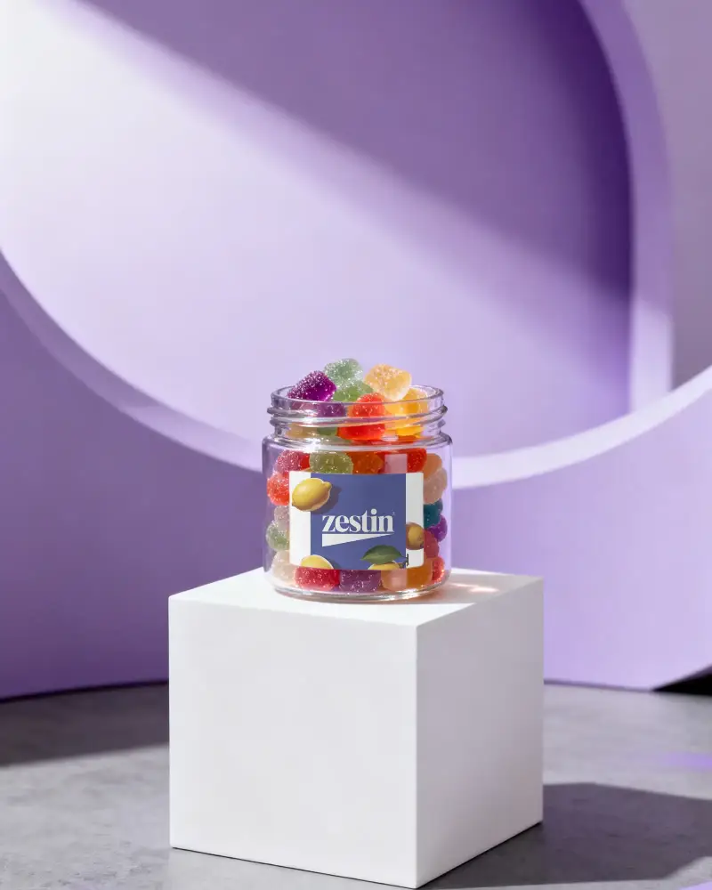 Premium Transparent Bottle Mockup Filled With Colorful Chewy Gummy Candies