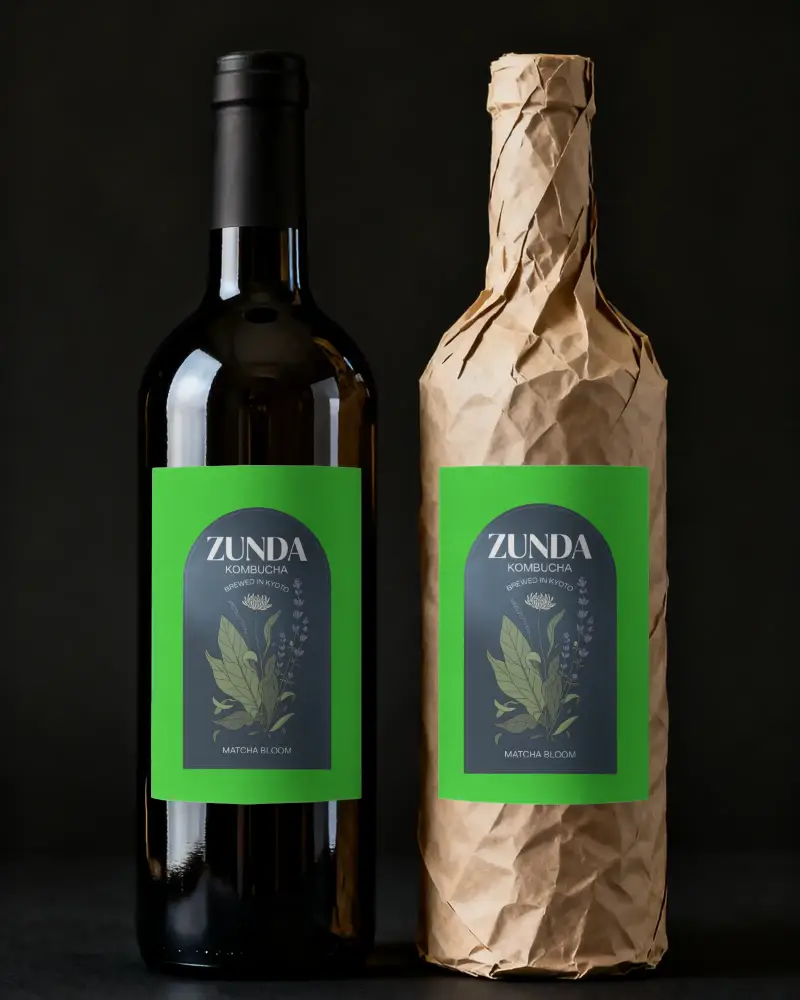 Premium Glass Wine Bottle Mockup Showcasing Clean Label And Textured Paper Wrap Front View