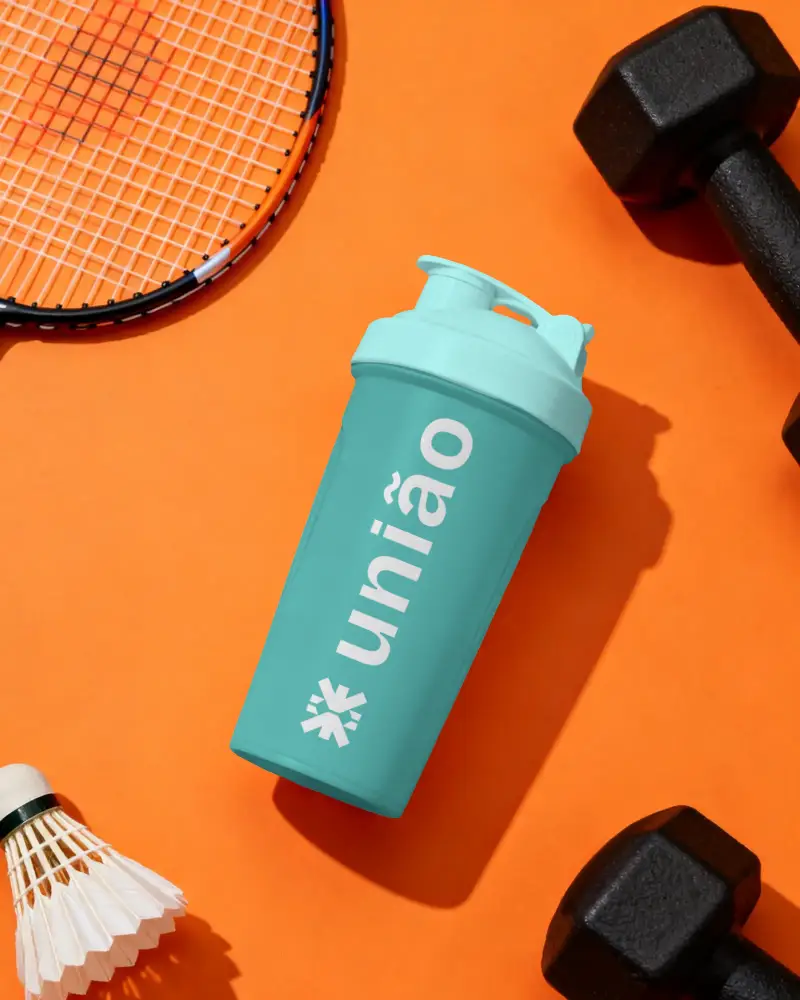 Professional Sports Shaker Bottle Mockup With Tennis Racket Dumbbells And Shuttlecock