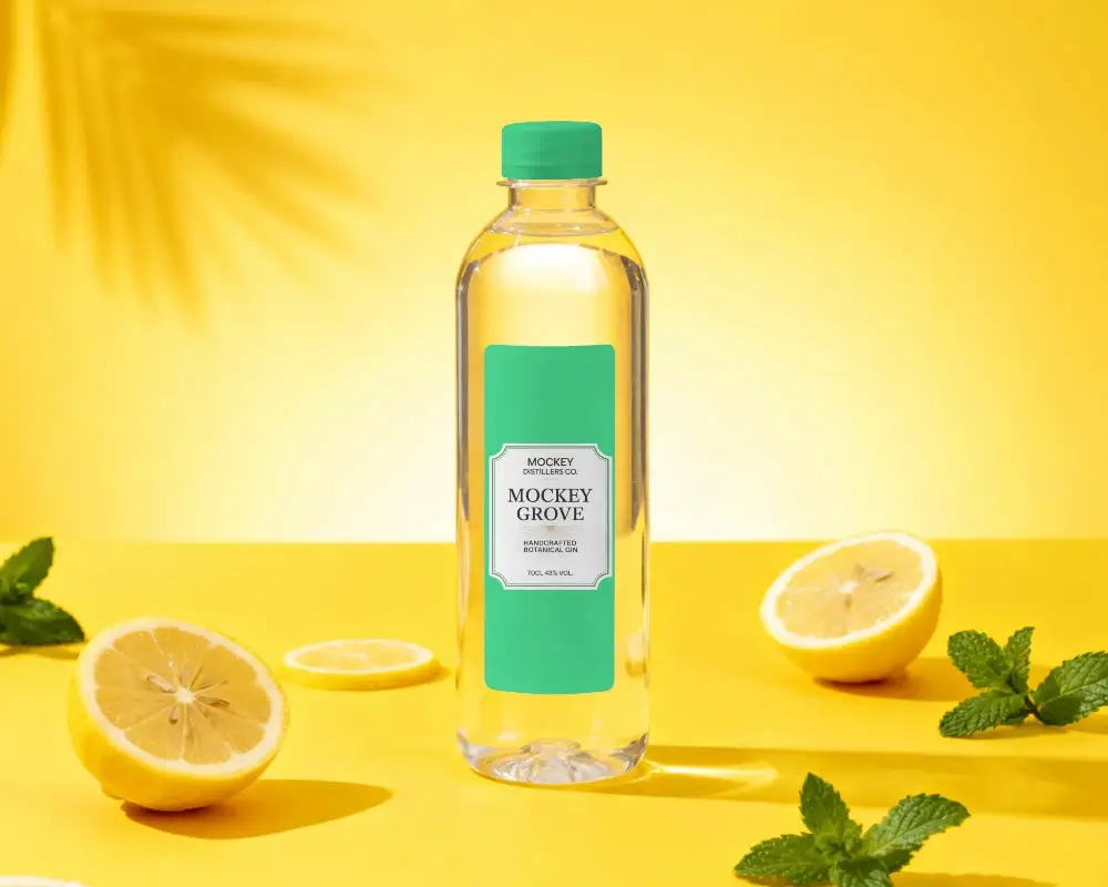 Clear Plastic Bottle With Custom Label Mockup Next To Fresh Citrus Fruit And Herbs For Beverage