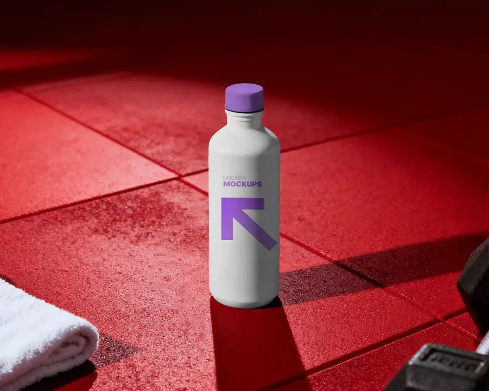 Fitness Water Bottle Mockup On Gym Floor With Towel And Dumbbell For Branding