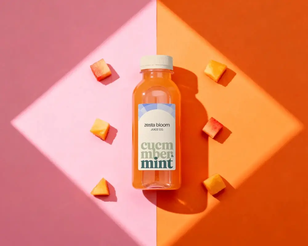 Clear Plastic Bottle Mockup With Capped Lid Fruit Juice Bottle On Pink And Orange Background