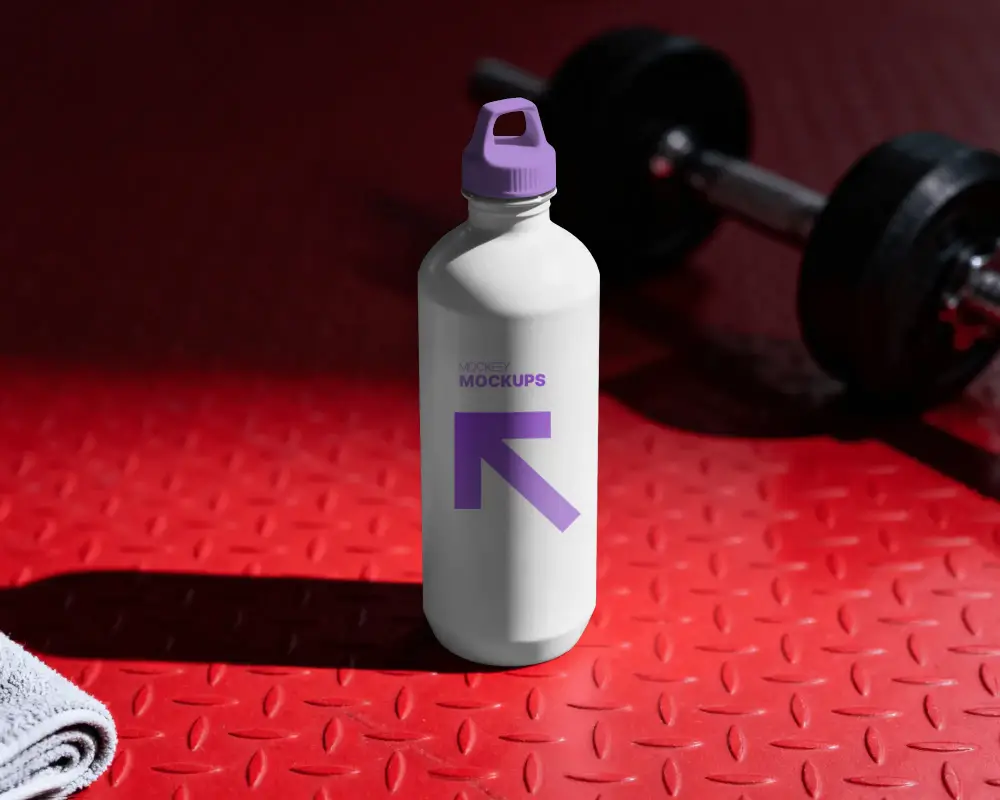 Sleek Sports Water Bottle Mockup With Dumbbell And Towel On Gym Floor Background
