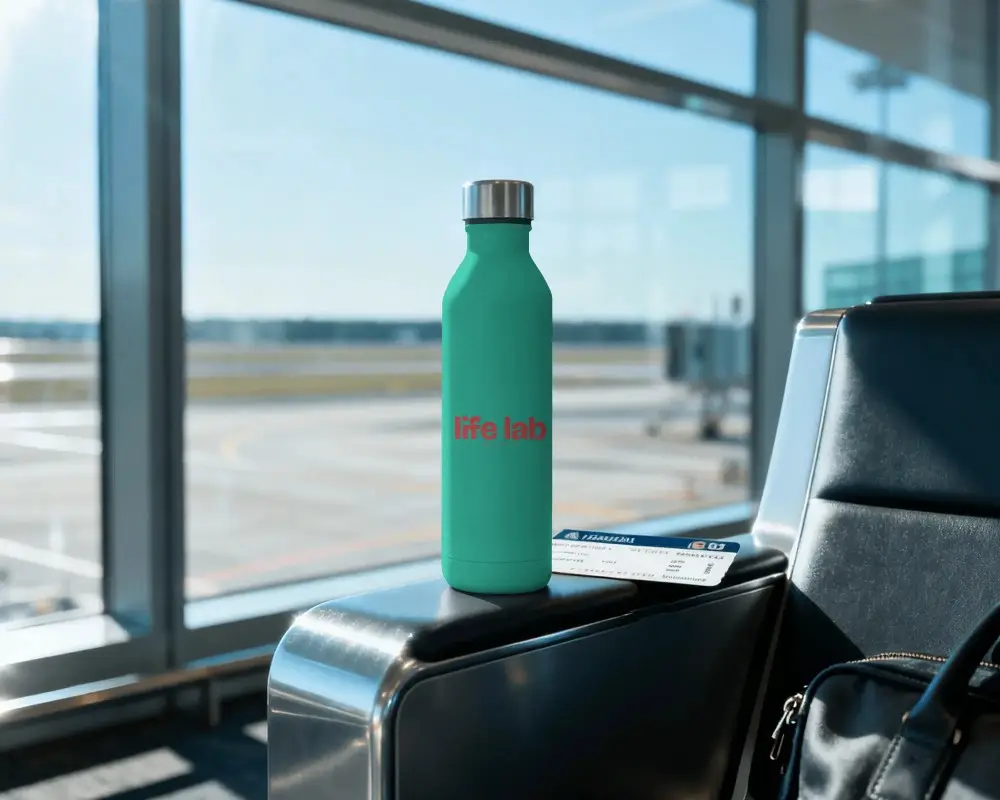 Sleek Travel Water Bottle Mockup At Airport Lounge For Promotional Designs