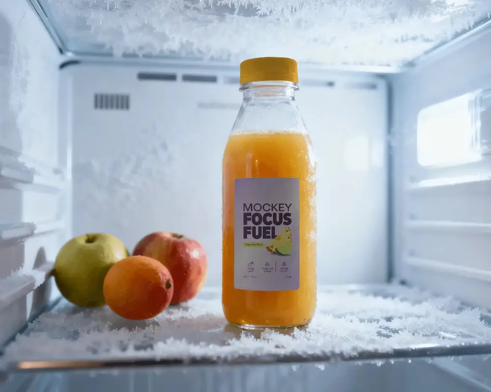Clear Plastic Bottle Mockup Filled With Natural Fruit Juice Standing Among Fruits In Chilled Fridge