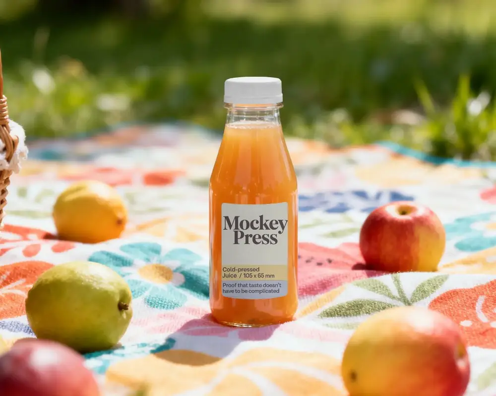 Fresh Fruit Juice Bottle Mockup On Vibrant Outdoor Picnic Cloth With Varied Fruit Display
