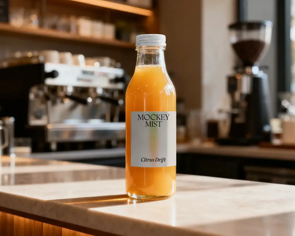 Clear Glass Bottle Mockup On Marble Counter With Custom Label And Cap Design In Cafe