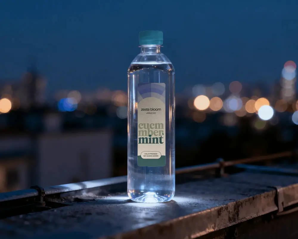Clear Transparent Bottle Mockup With Black Cap And Blank Vertical Label On Night Background