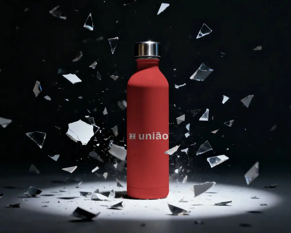 Durable Metal Cap Stainless Steel Water Bottle Mockup With Flying Glass Shards